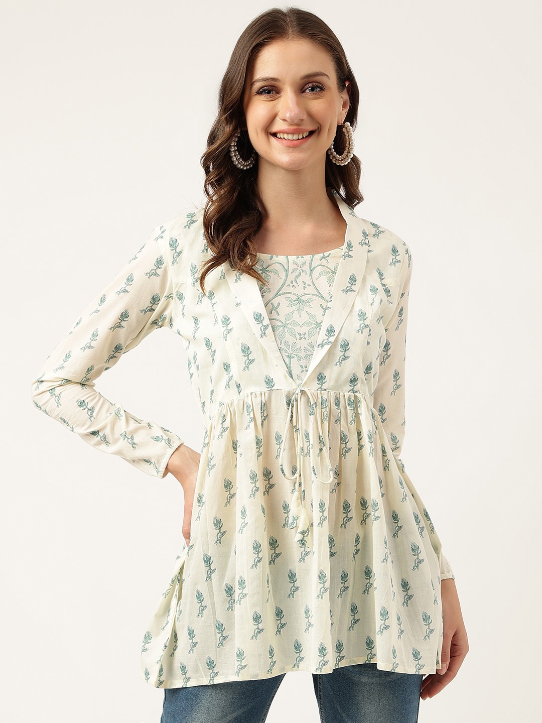 

Divena Floral Printed Cotton Empire Top, Green