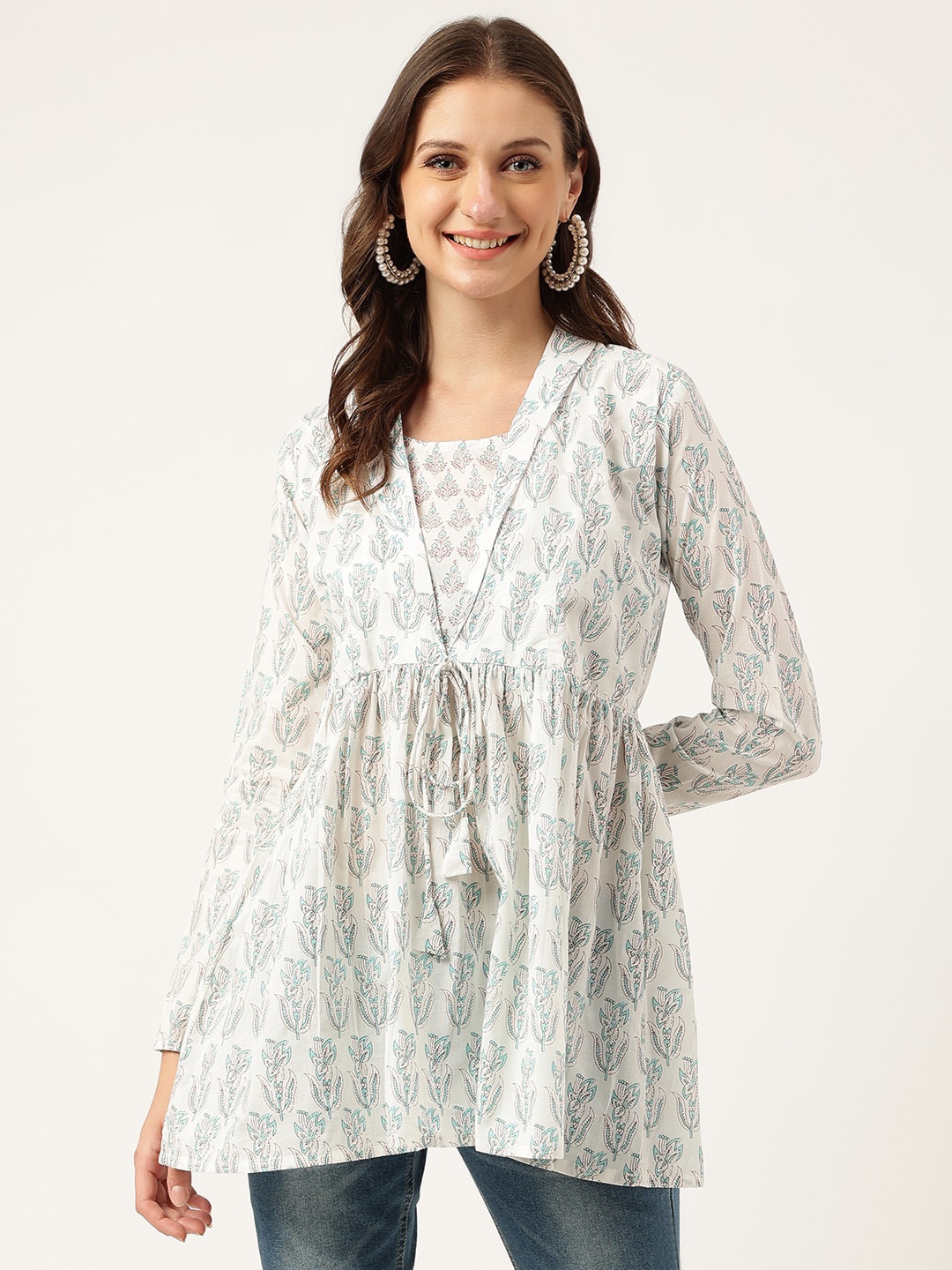 

Divena Ethnic Motifs Printed Gathered Peplum Cotton Top, White