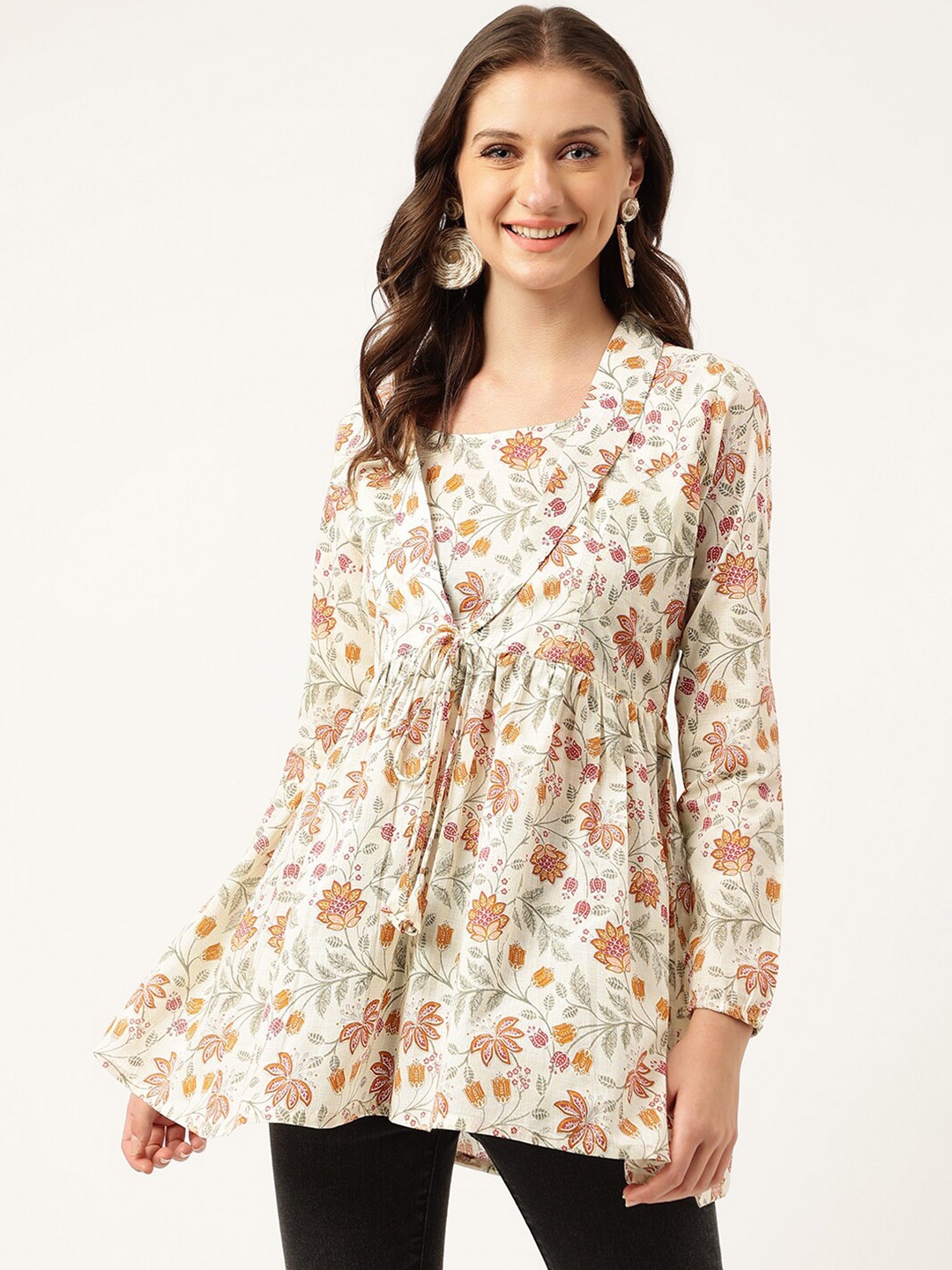 

Divena Floral Printed Cotton Empire Longline Top, Brown