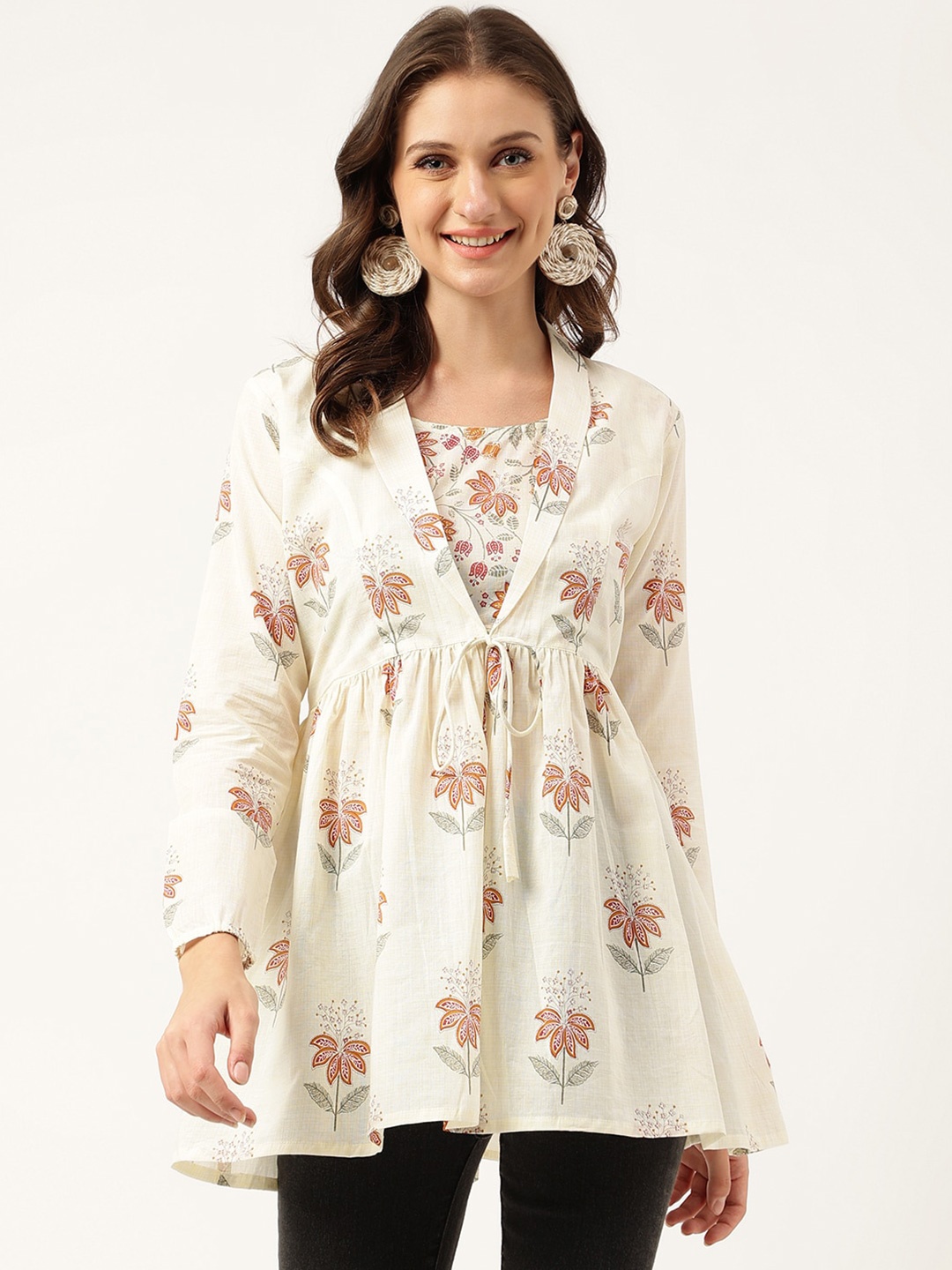 

Divena Floral Printed Cotton Empire Longline Top, Cream