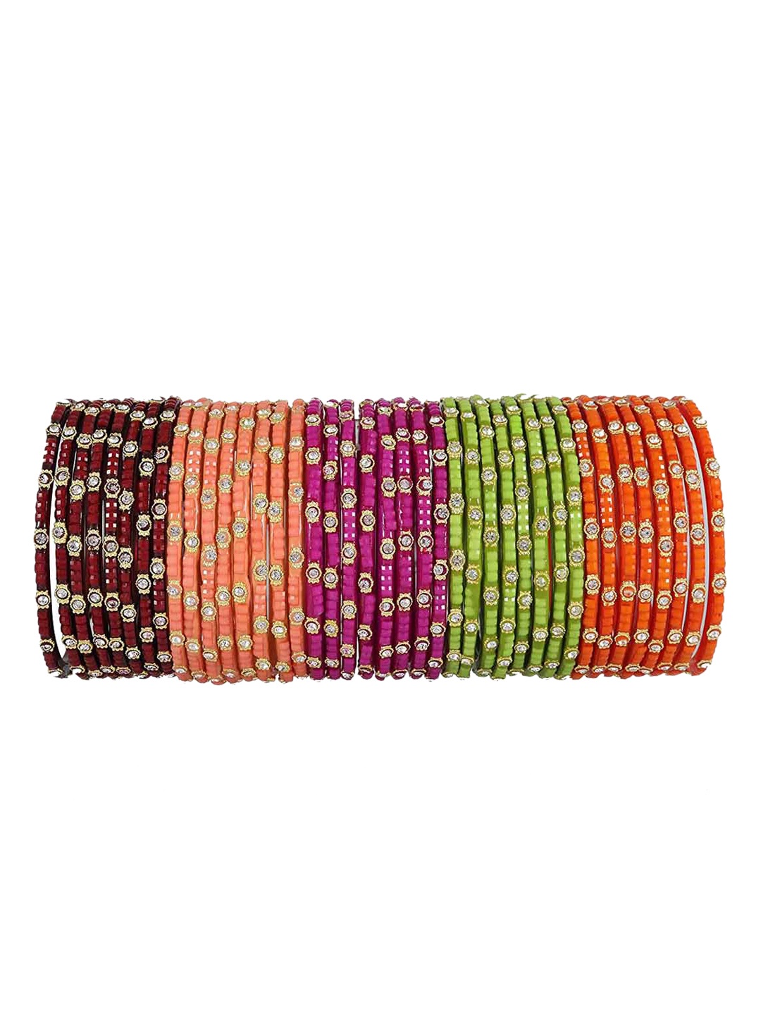 

NMII Set Of 40 Zircon Studded & Beads Glossy Bangles, Green