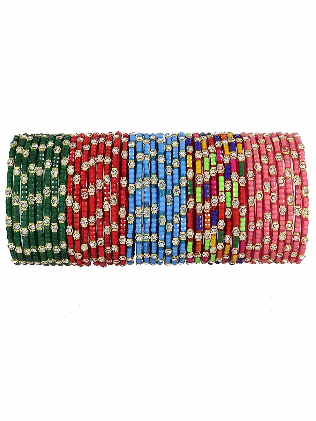 

NMII Set Of 40 Zircon Gemstone Studded Glossy Glass Bangles, Green