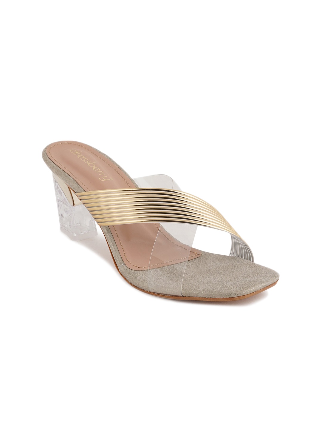 

DressBerry Gold-Toned And Transparent Striped Open Toe Block Heels