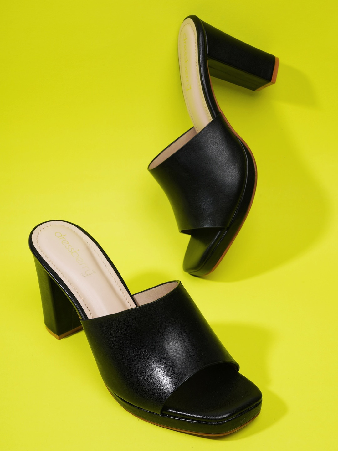 

DressBerry Black Peep Toe Block Heel Mules