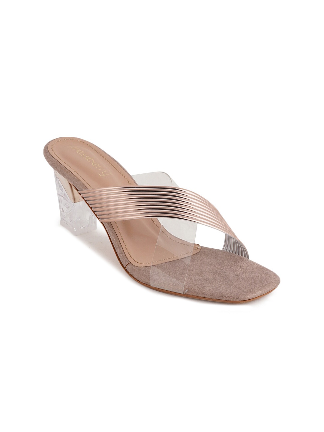 

DressBerry Rose Gold-Toned And Transparent Striped Cross-Strap Block Heels