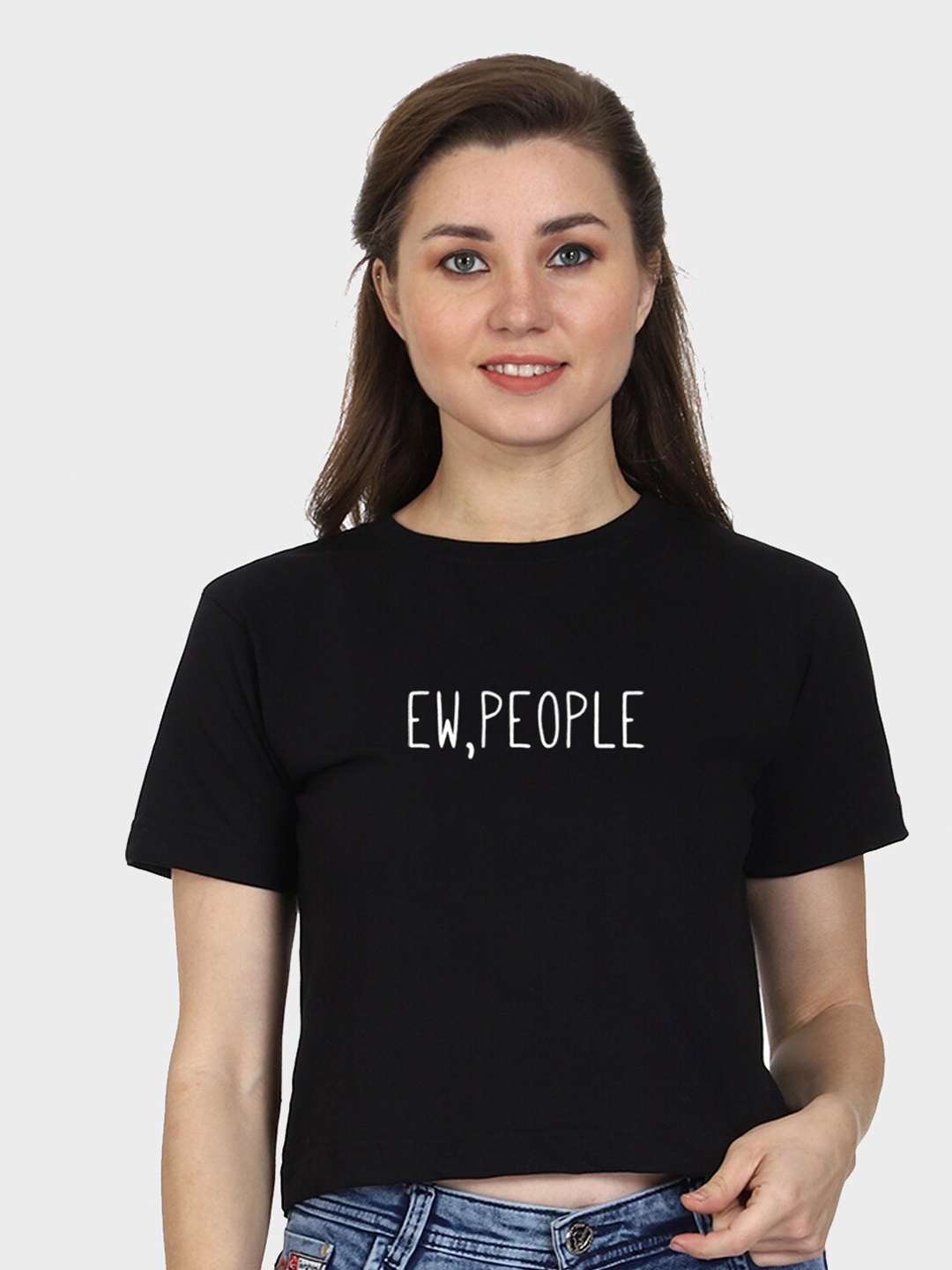 T-SHIRT TRUCK Typography Printed Casual Cotton Cropped T-shirt, Black