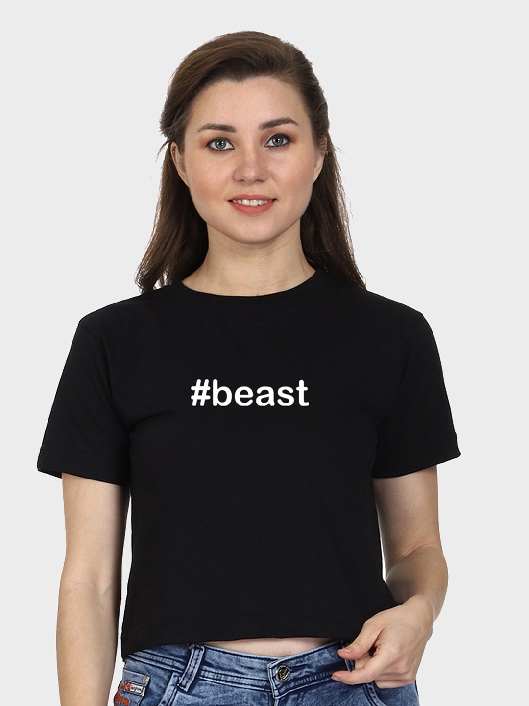 T-SHIRT TRUCK Typography Printed Cotton Crop T-shirt, Black
