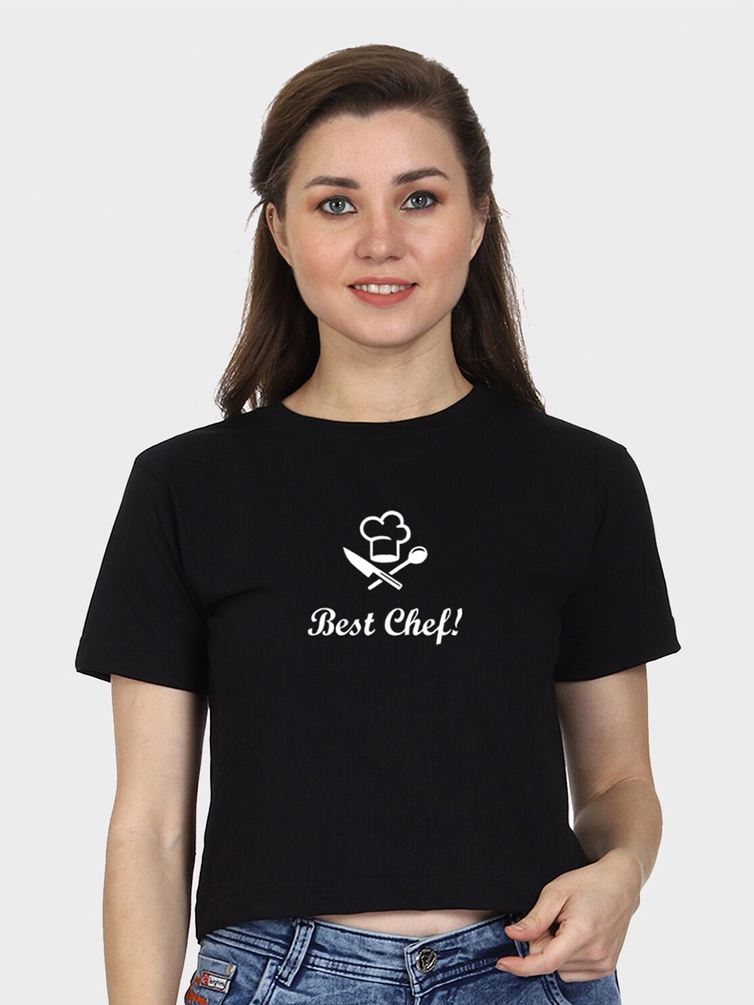 T-SHIRT TRUCK Typography Printed Cotton Crop T-shirt, Black
