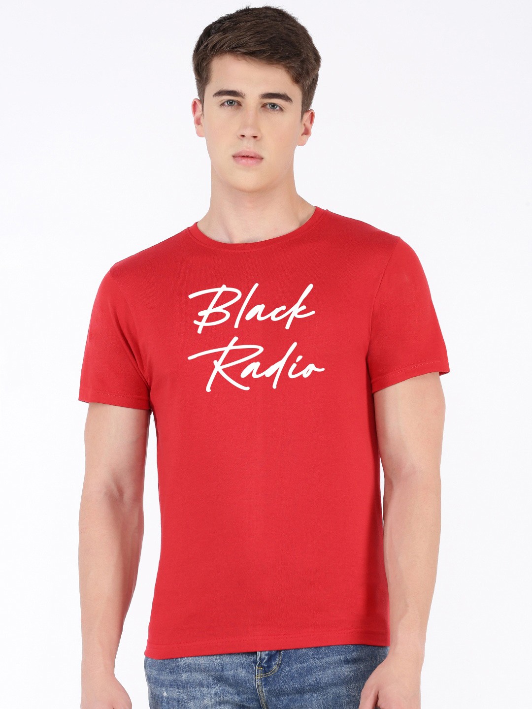

BLACK RADIO Typography Printed Casual Pure Cotton T-shirt, Red