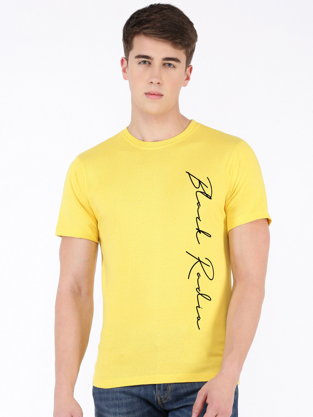 

BLACK RADIO Typography Printed Casual Pure Cotton T-shirt, Yellow