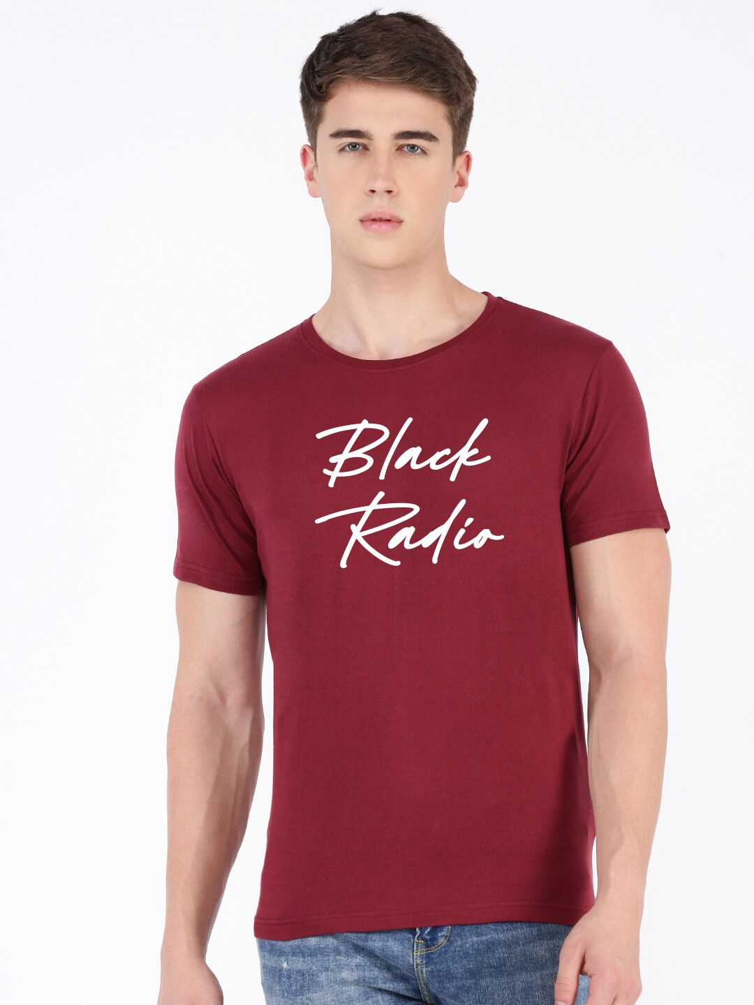 

BLACK RADIO Typography Printed Pure Cotton T-shirt, Maroon