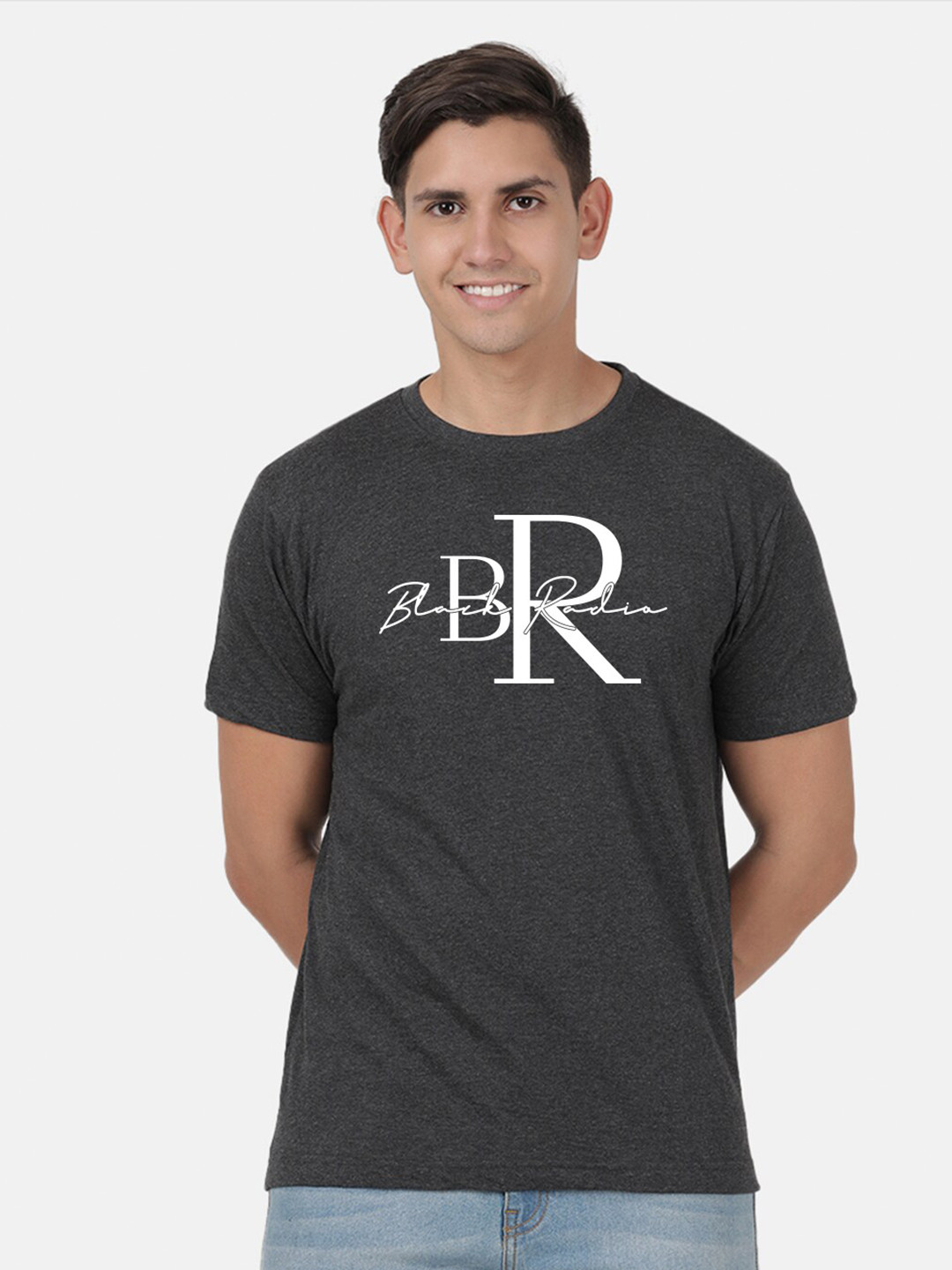 

BLACK RADIO Typography Printed Pure Cotton T-shirt, Grey