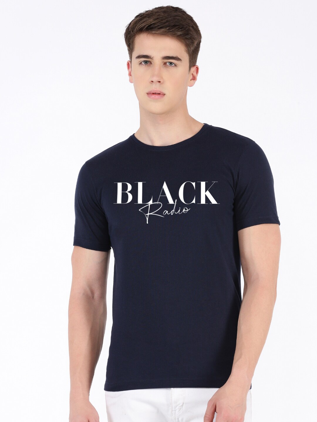 

BLACK RADIO Typography Printed Pure Cotton T-shirt, Navy blue