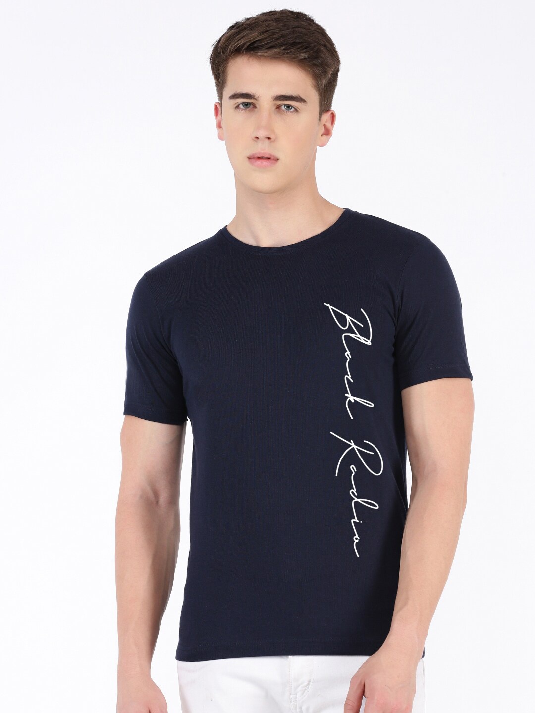 

BLACK RADIO Typography Printed Casual Cotton T-shirt, Navy blue