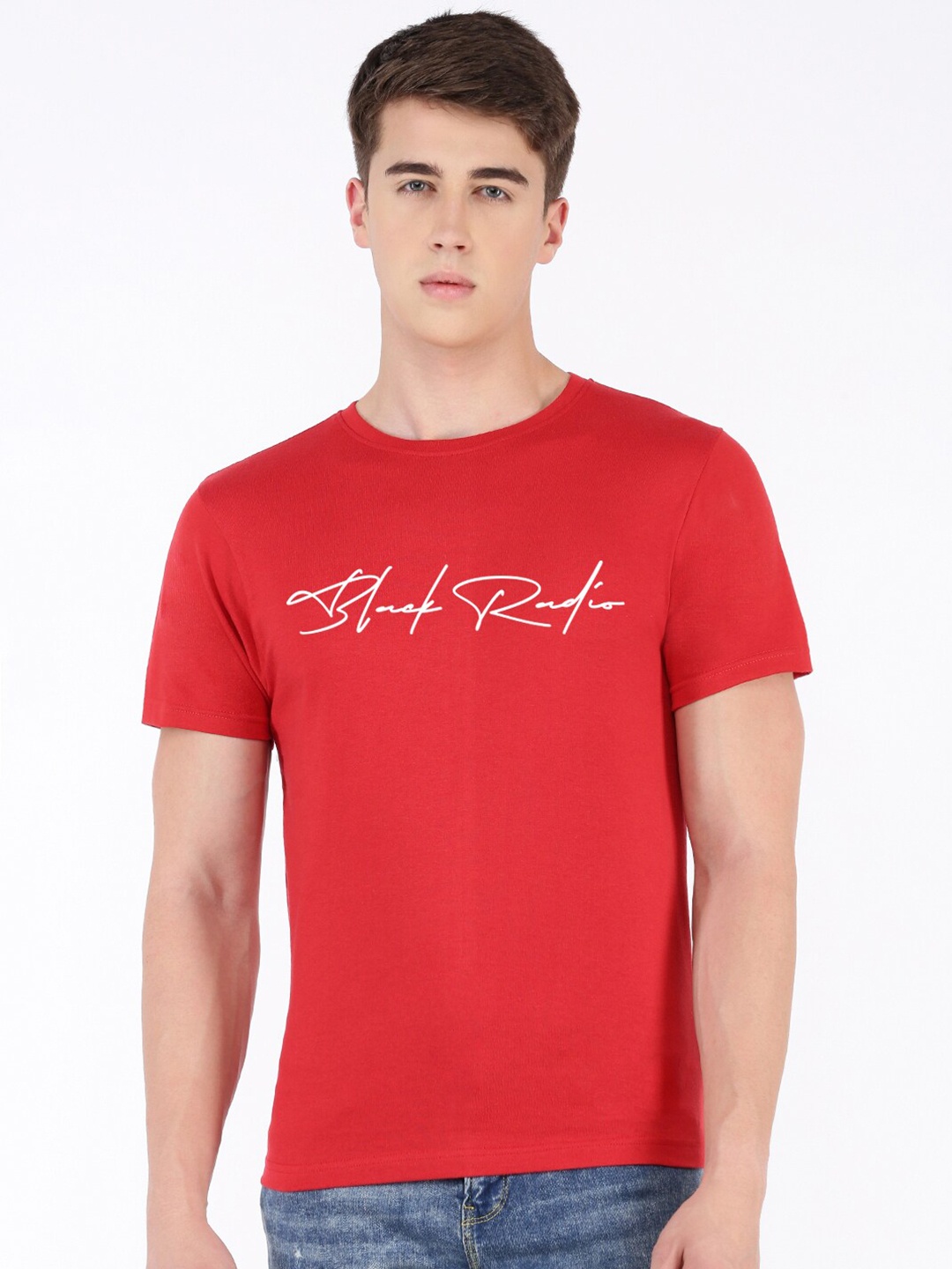 

BLACK RADIO Typography Printed Short Sleeves Pure Cotton T-shirt, Red