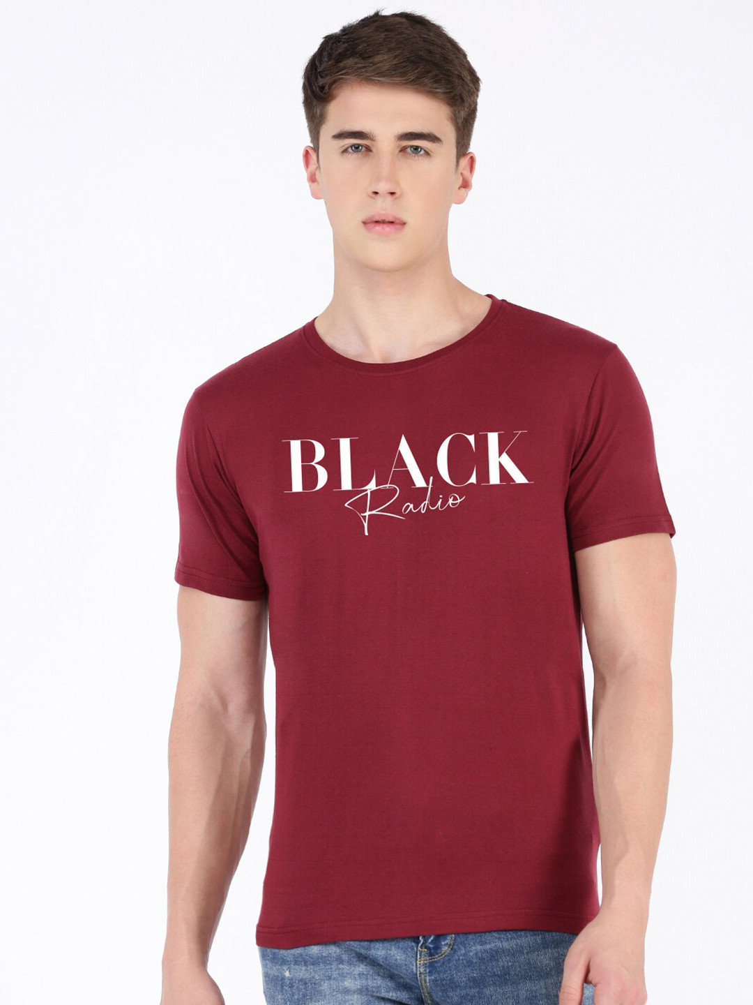 

BLACK RADIO Typography Printed Short Sleeves Pure Cotton T-shirt, Maroon