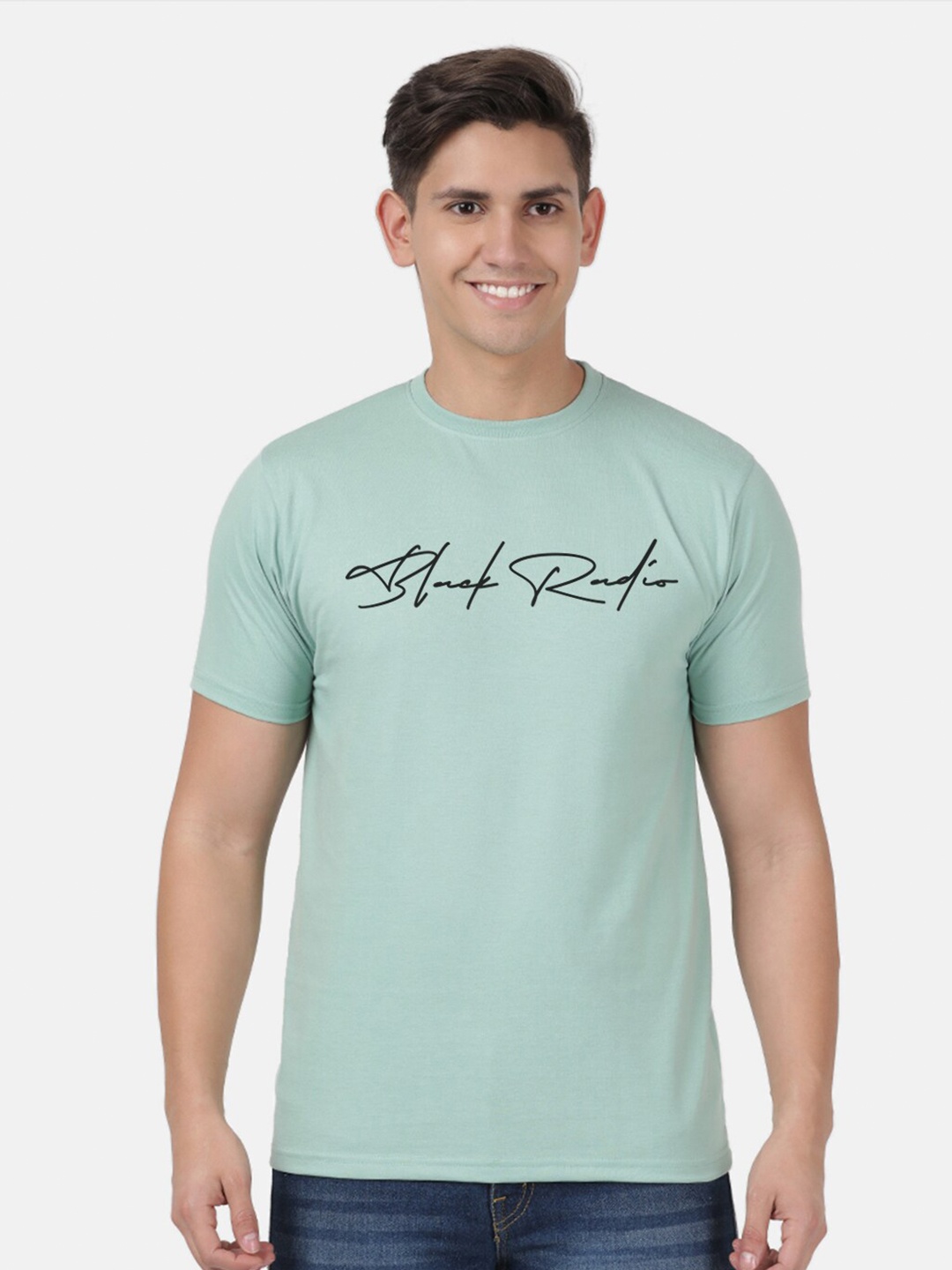 BLACK RADIO Typography Printed Pure Cotton T-shirt, Sea green