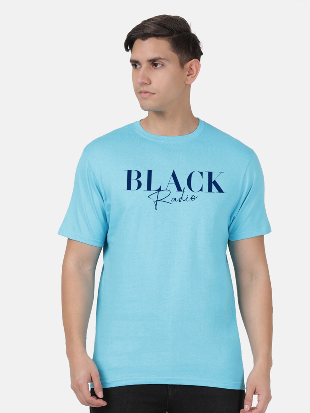 BLACK RADIO Typography Printed Casual Pure Cotton T-shirt, Turquoise blue