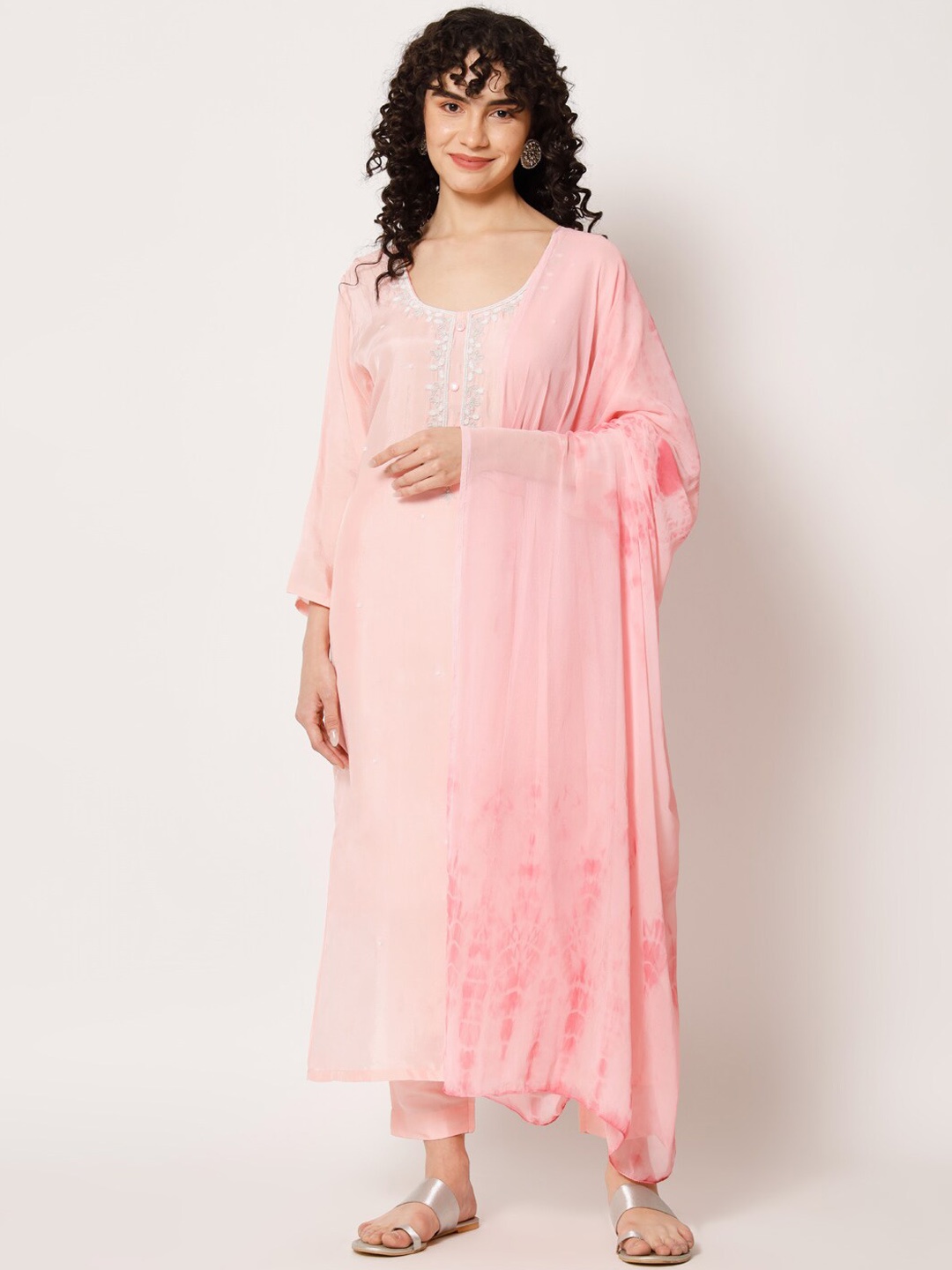

BCZ Style Floral Embroidered Beads and Stones Pure Silk Kurta with Trousers & With Dupatta, Pink
