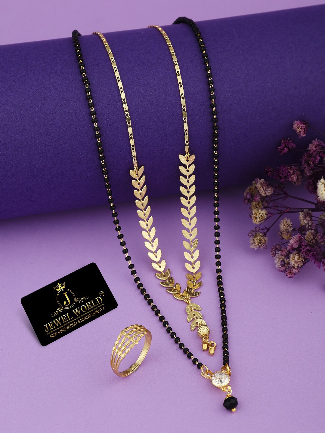 

JEWEL WORLD Gold-Plated Stone-Studded & Beaded Mangalsutra With Chain & Ring