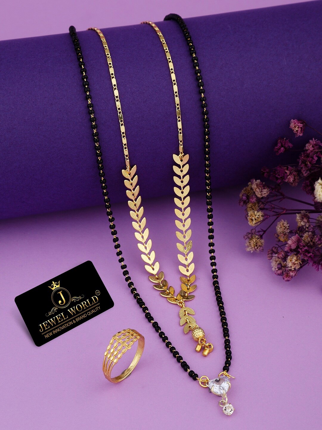 

JEWEL WORLD Gold-Plated Stone-Studded & Beaded Mangalsutra With Chain & Ring