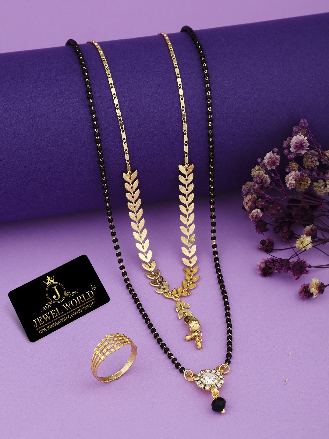 

JEWEL WORLD Gold-Plated Stone-Studded & Beaded Mangalsutra With Chain & Ring