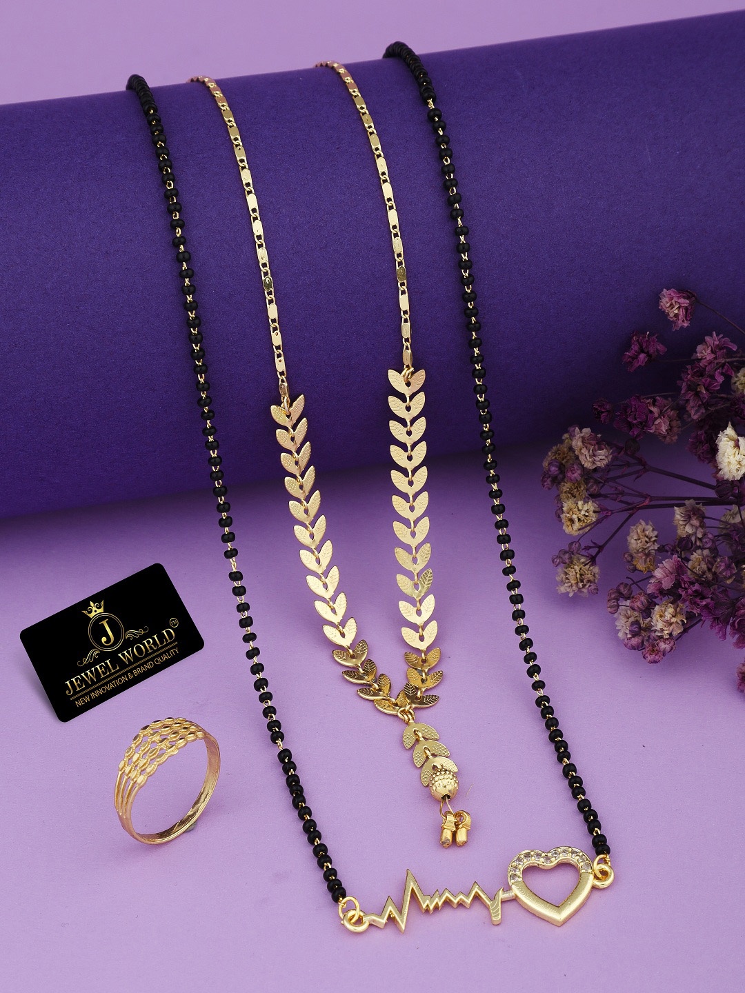 

JEWEL WORLD Gold-Plated Stone-Studded & Beaded Mangalsutra With Chain & Ring