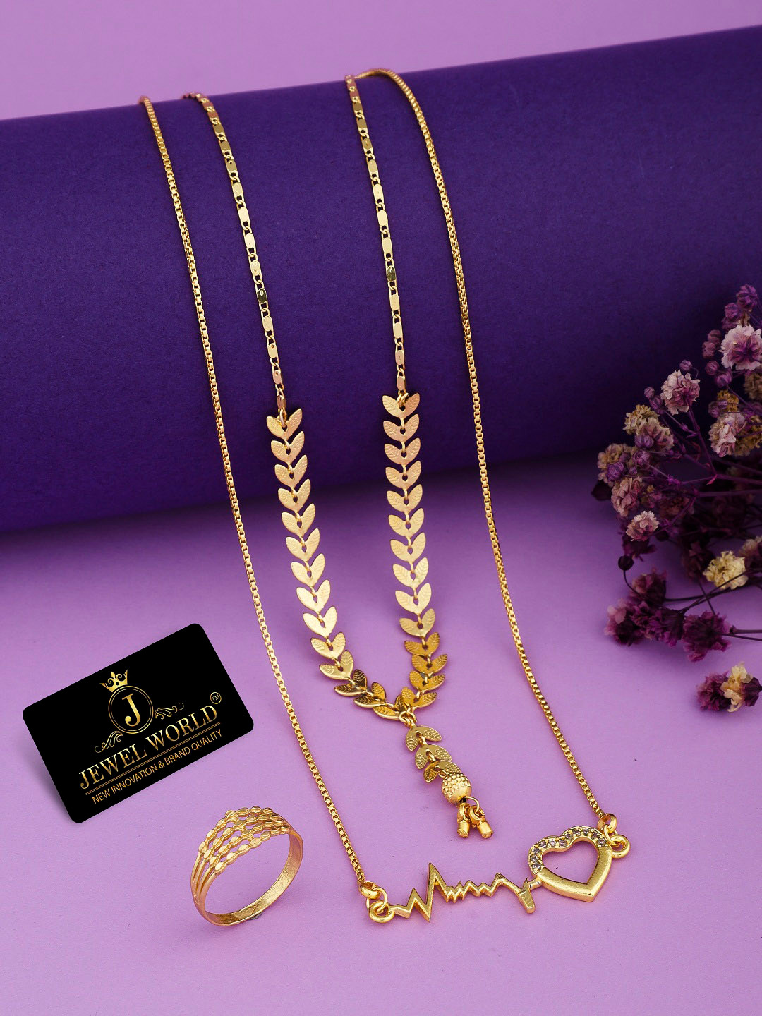 

JEWEL WORLD Gold-Plated Stone-Studded & Beaded Mangalsutra With Chain & Ring