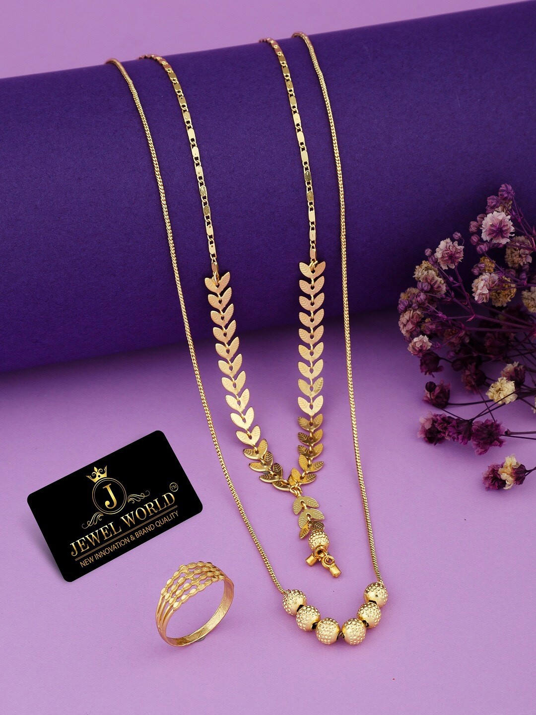 

JEWEL WORLD Gold-Plated Stone-Studded & Beaded Mangalsutra With Chain & Ring