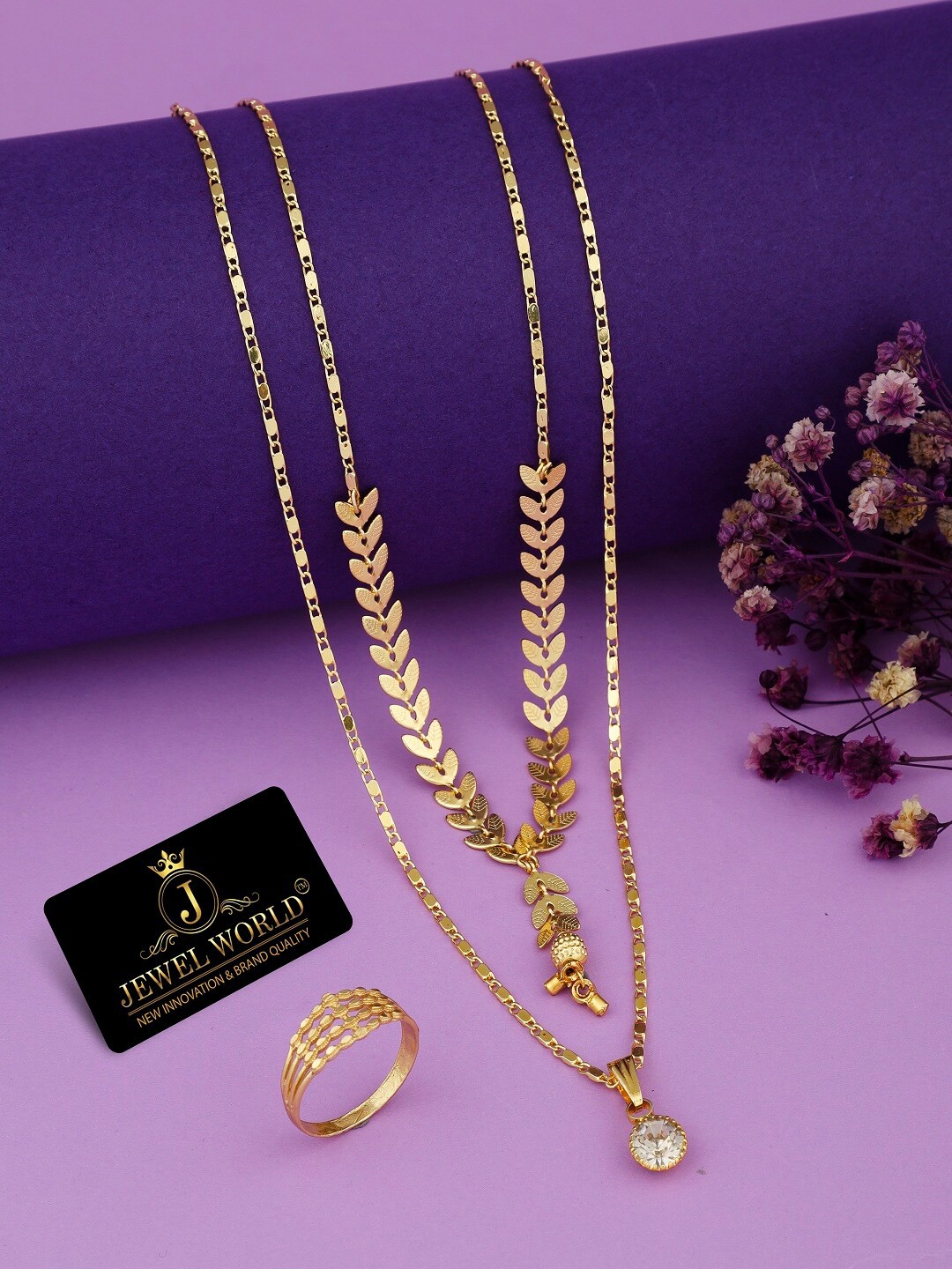 

JEWEL WORLD Gold-Plated Stone-Studded & Beaded Mangalsutra With Chain & Ring