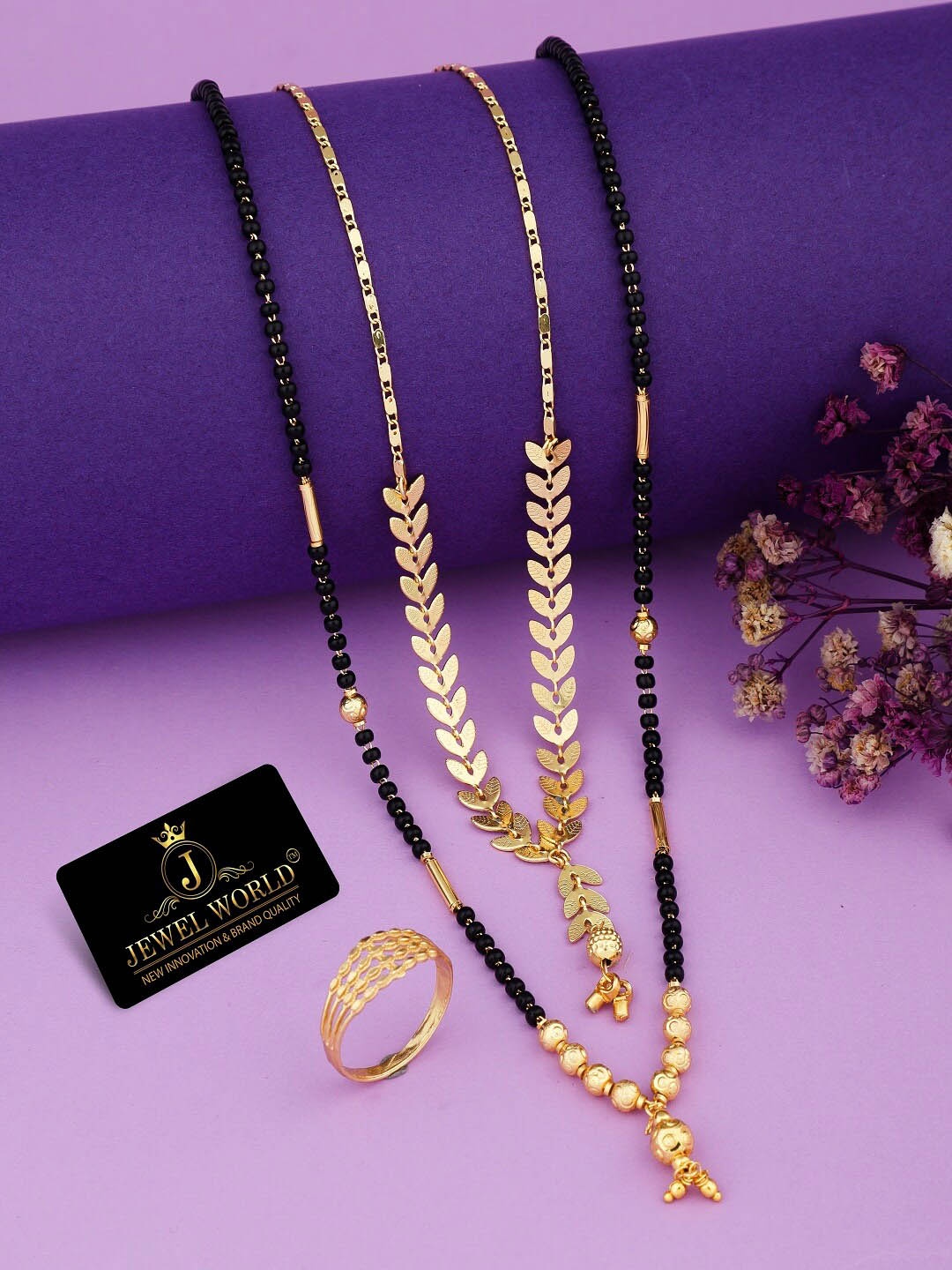 

JEWEL WORLD Gold-Plated Stone-Studded & Beaded Mangalsutra With Chain & Ring