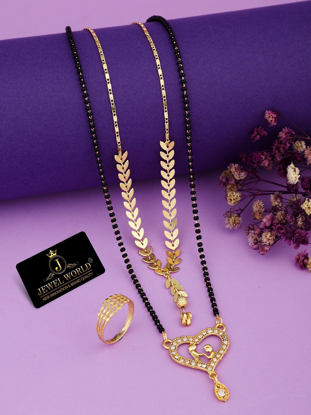 

JEWEL WORLD Gold-Plated Stone-Studded & Beaded Mangalsutra With Chain & Ring
