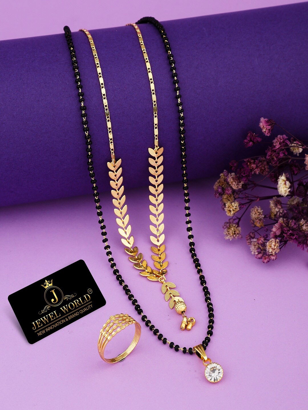 

JEWEL WORLD Gold-Plated Stone-Studded & Beaded Mangalsutra With Chain & Ring