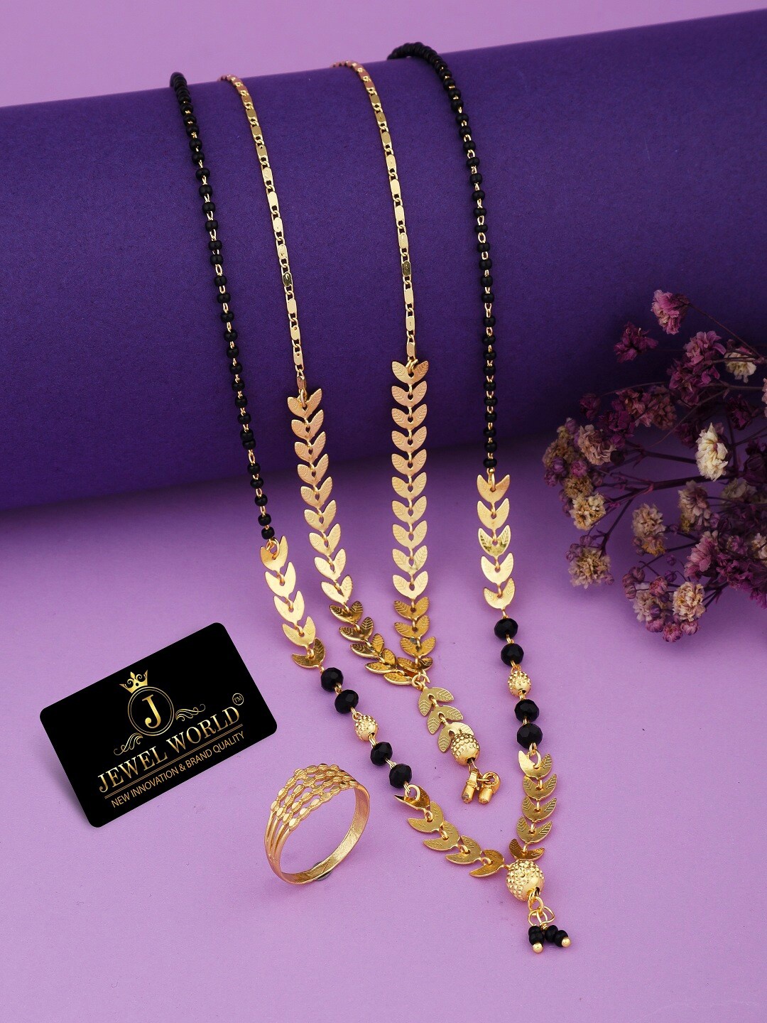 

JEWEL WORLD Gold-Plated Stone-Studded & Beaded Mangalsutra With Chain & Ring