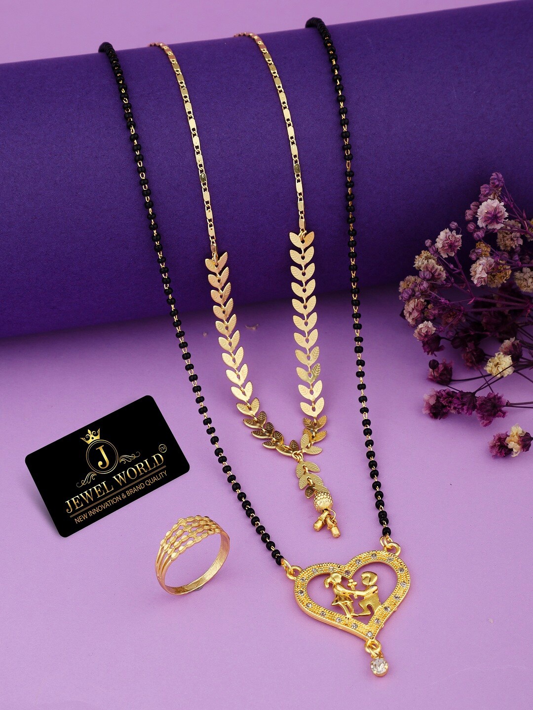 

JEWEL WORLD Gold-Plated Stone-Studded & Beaded Mangalsutra With Chain & Ring