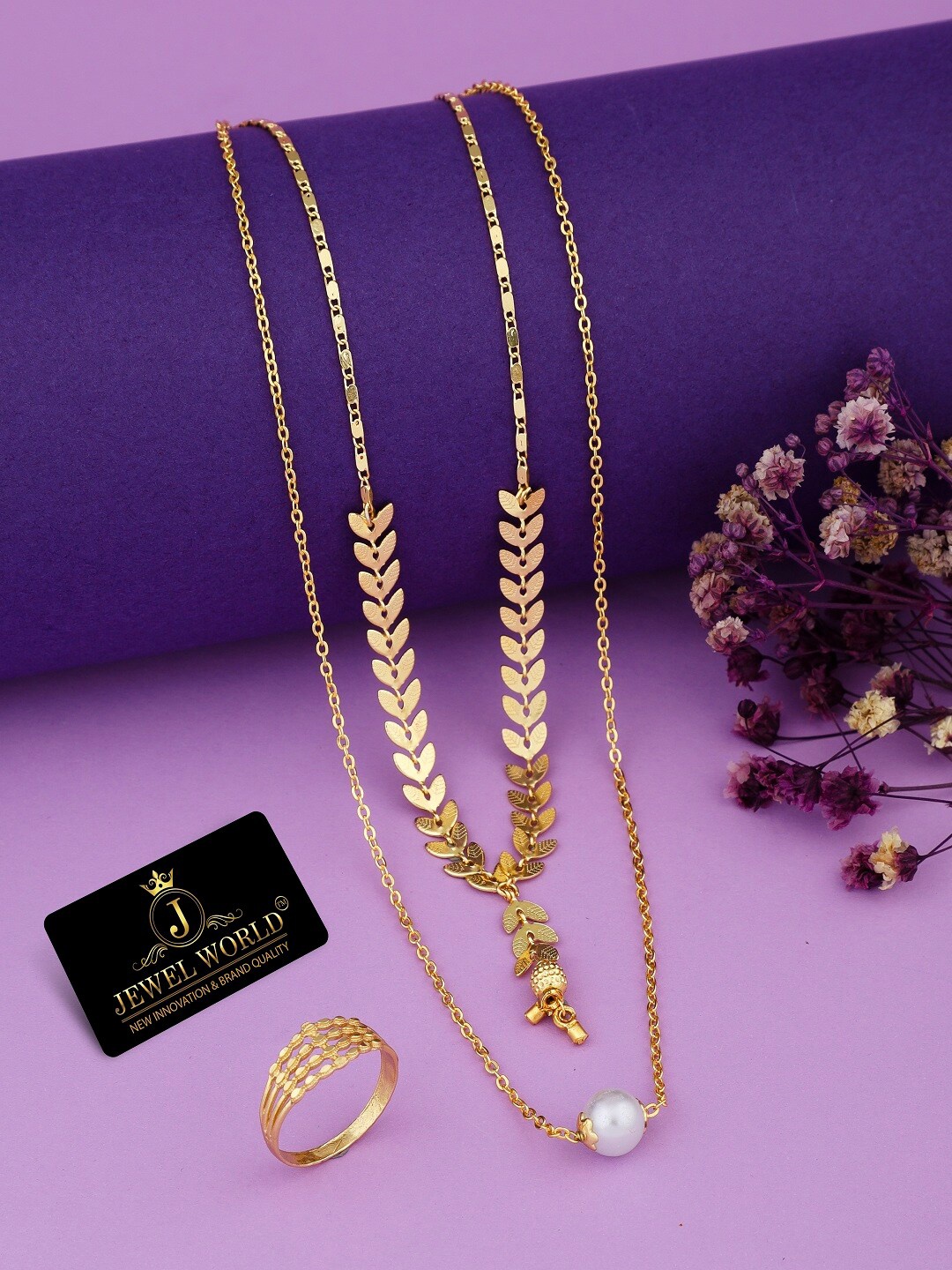 

JEWEL WORLD Gold-Plated Stone-Studded & Beaded Mangalsutra With Chain & Ring