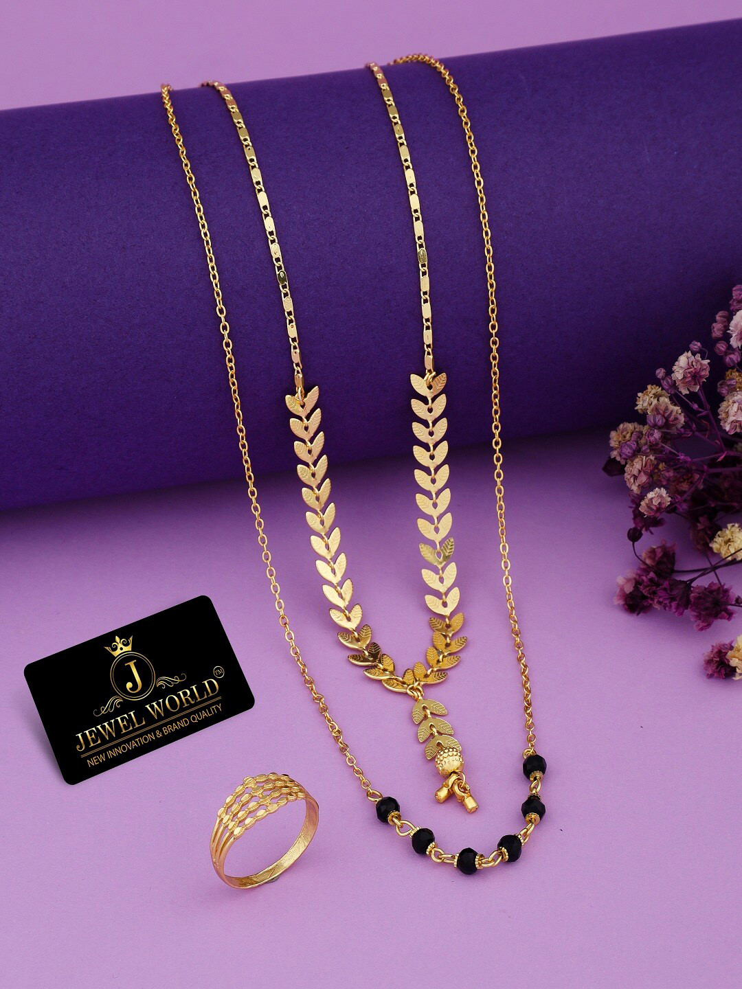 

JEWEL WORLD Gold-Plated Stone-Studded & Beaded Mangalsutra With Chain & Ring
