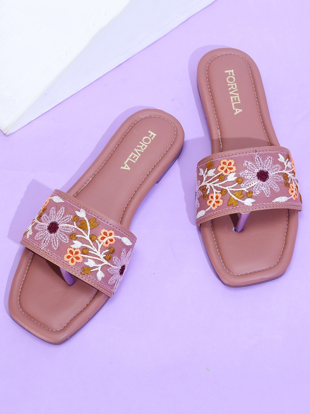 

FORVELA Printed Open Toe Flats, Nude