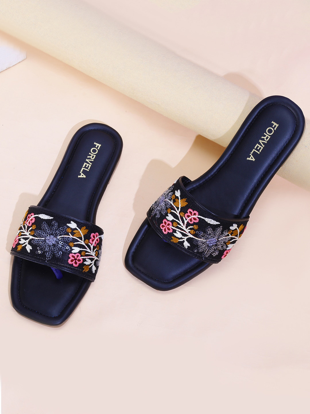 

FORVELA Embroidered Open Toe Flats, Black