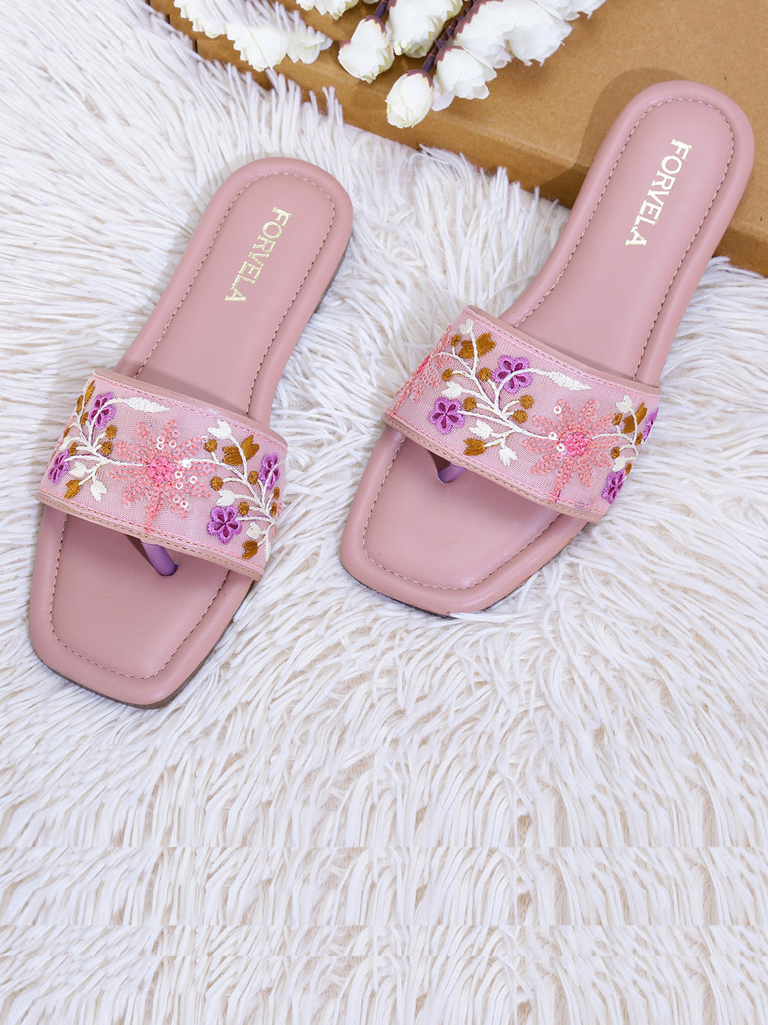 

FORVELA Embroidered Open Toe Flats, Peach