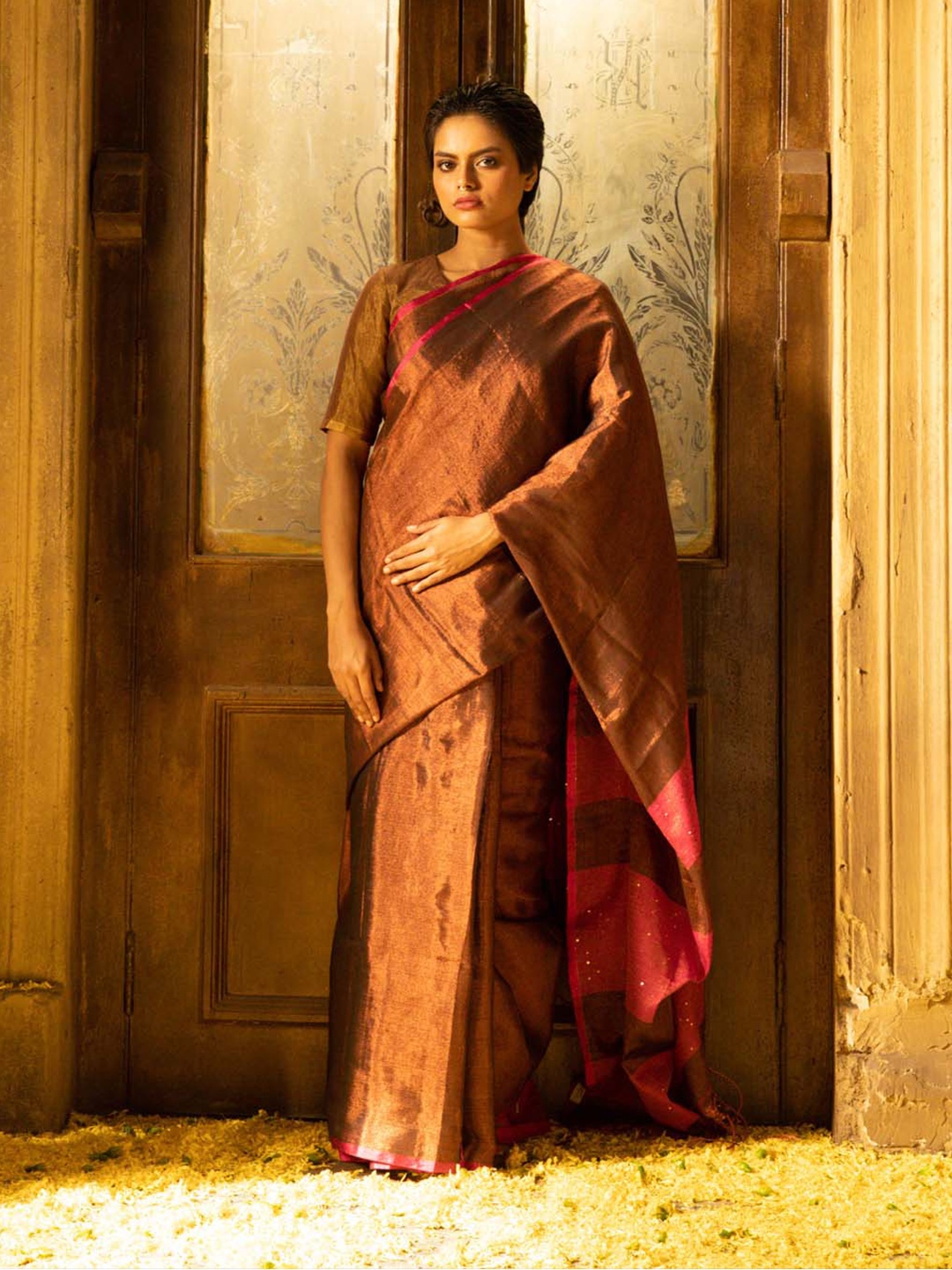 

Indethnic Art Silk Jamdani Saree, Brown
