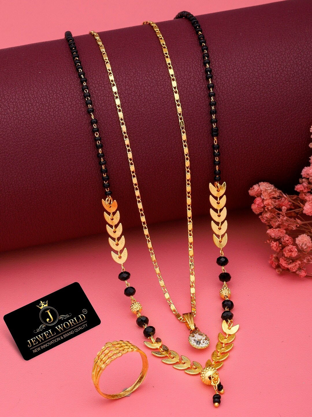 

JEWEL WORLD Set Of 2 Gold-Plated Stone-Studded & Beaded Mangalsutra With Ring