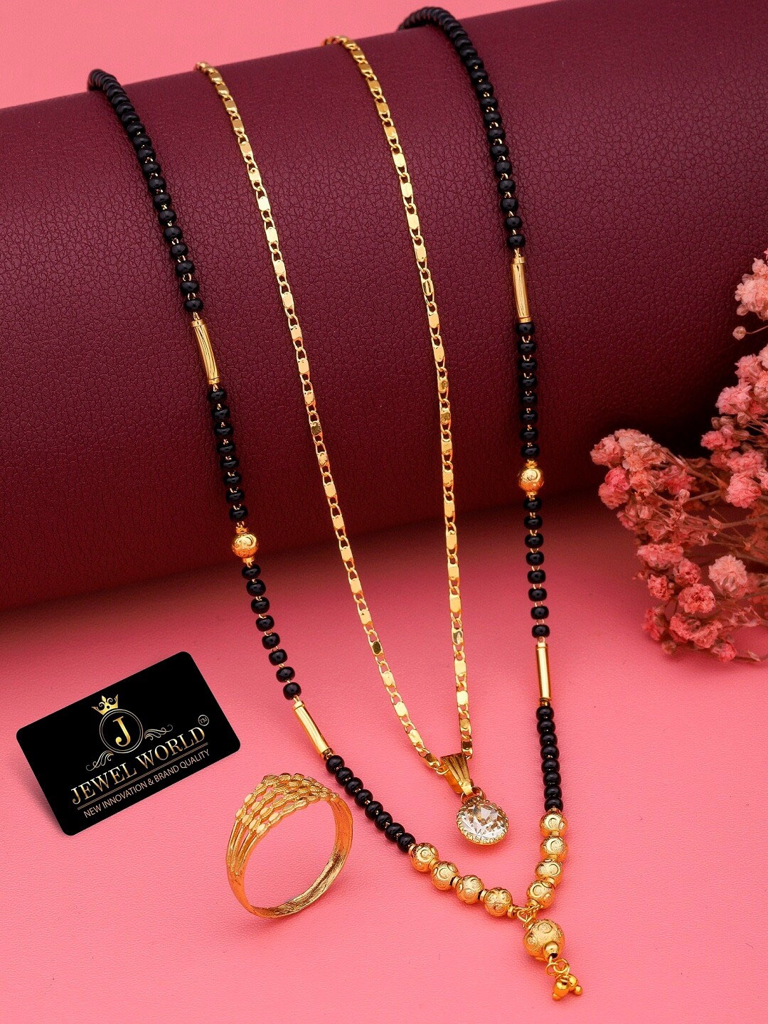 

JEWEL WORLD Set Of 2 Gold-Plated Stone-Studded & Beaded Mangalsutra With Ring