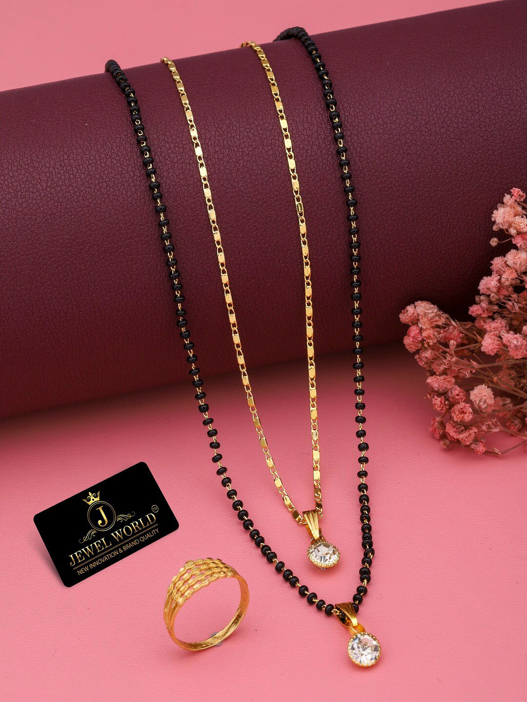 

JEWEL WORLD Set Of 2 Gold-Plated Stone Studded & Beaded Mangalsutra With Ring