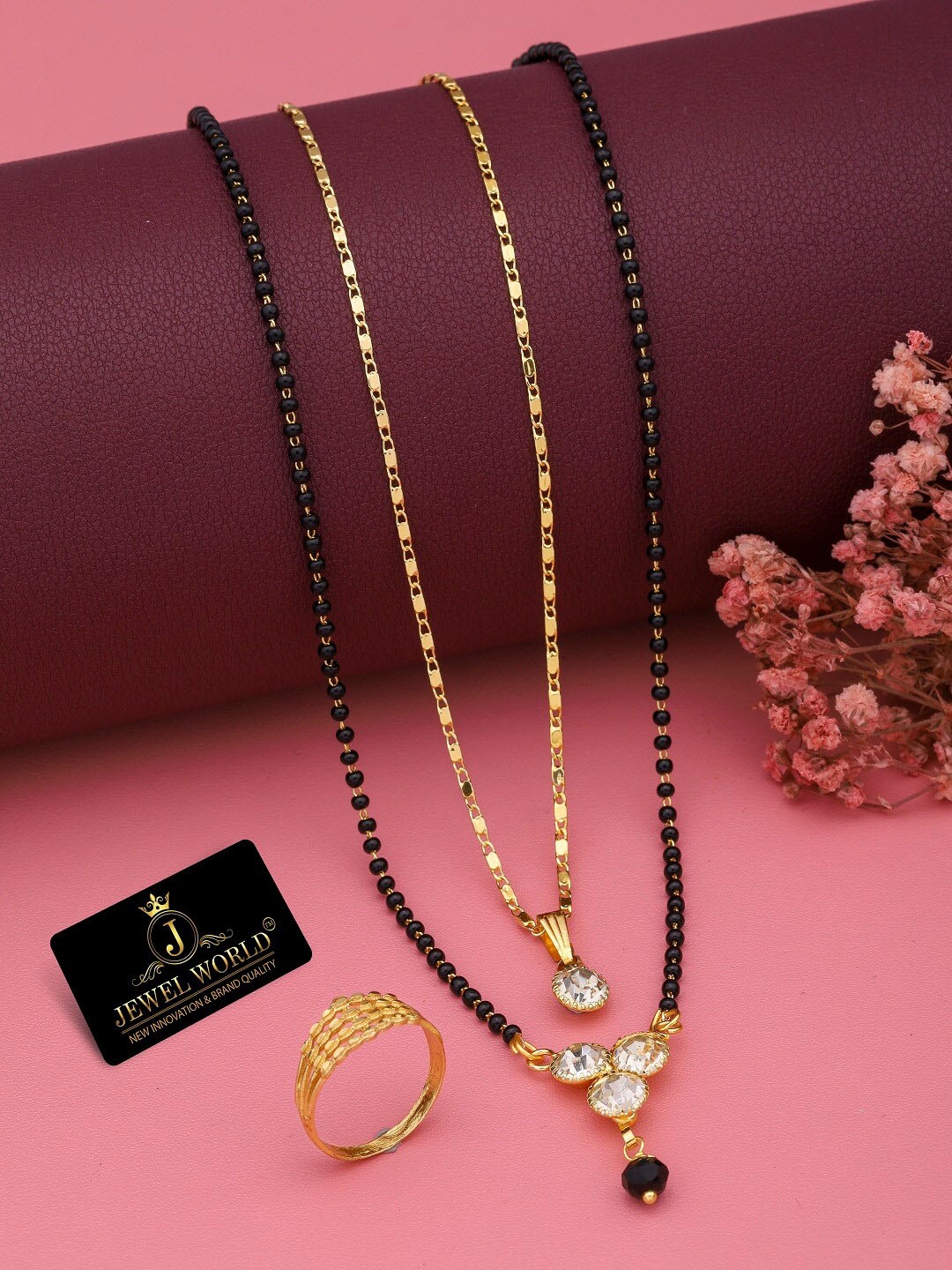 

JEWEL WORLD Set Of 2 Gold-Plated Stone-Studded & Beaded Mangalsutra With Ring