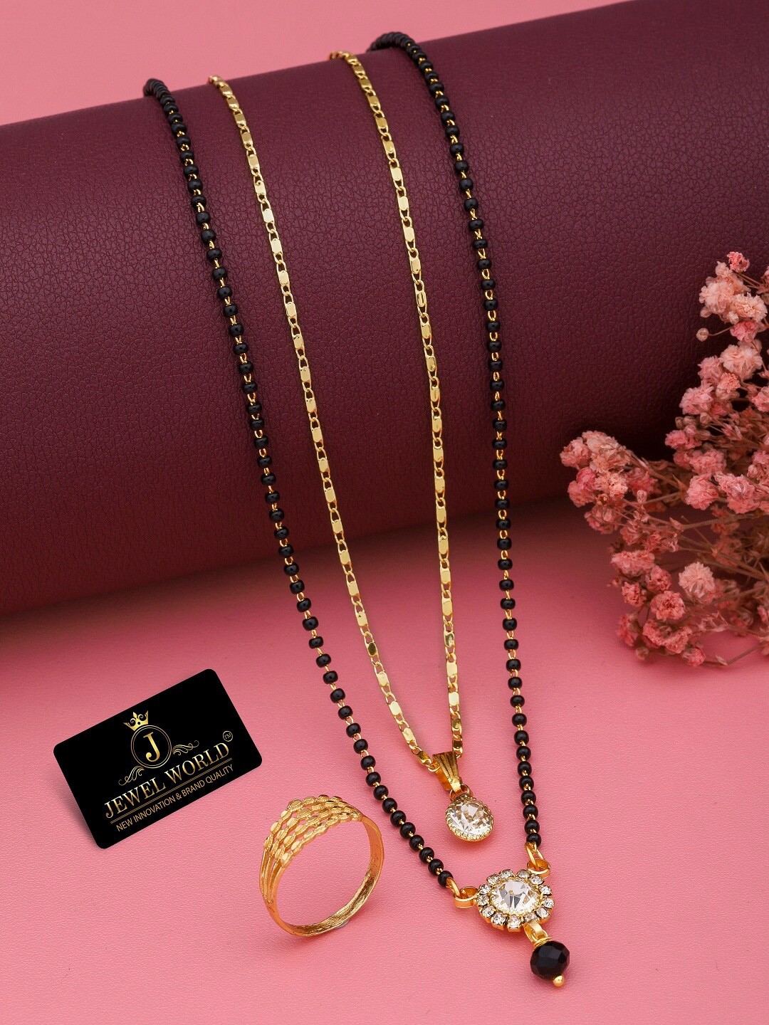 

JEWEL WORLD Set Of 2 Gold-Plated CZ-Studded Mangalsutra With Ring