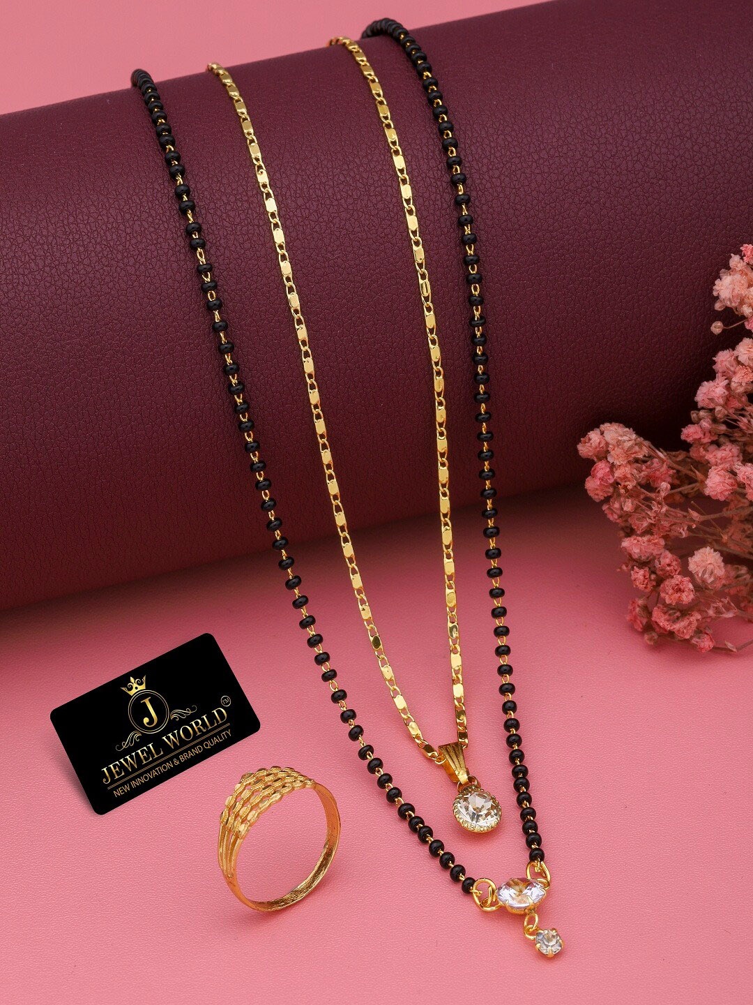 

JEWEL WORLD Set Of 2 Gold-Plated Stone-Studded Mangalsutra With Ring