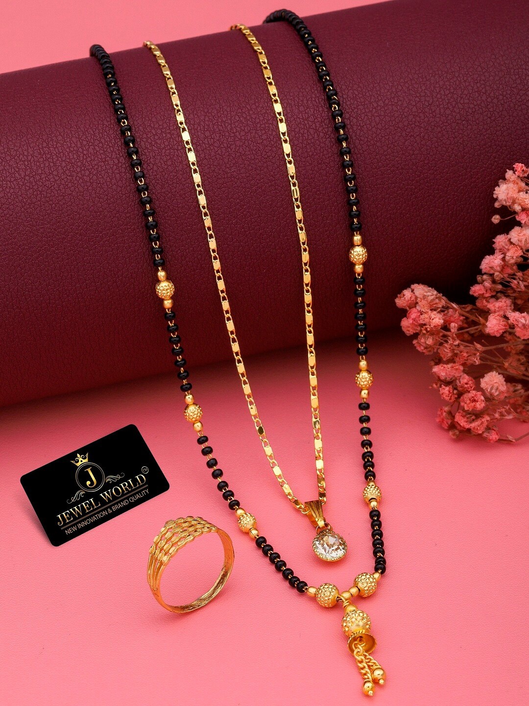 

JEWEL WORLD Set Of 2 Gold-Plated CZ-Studded Mangalsutra With Ring