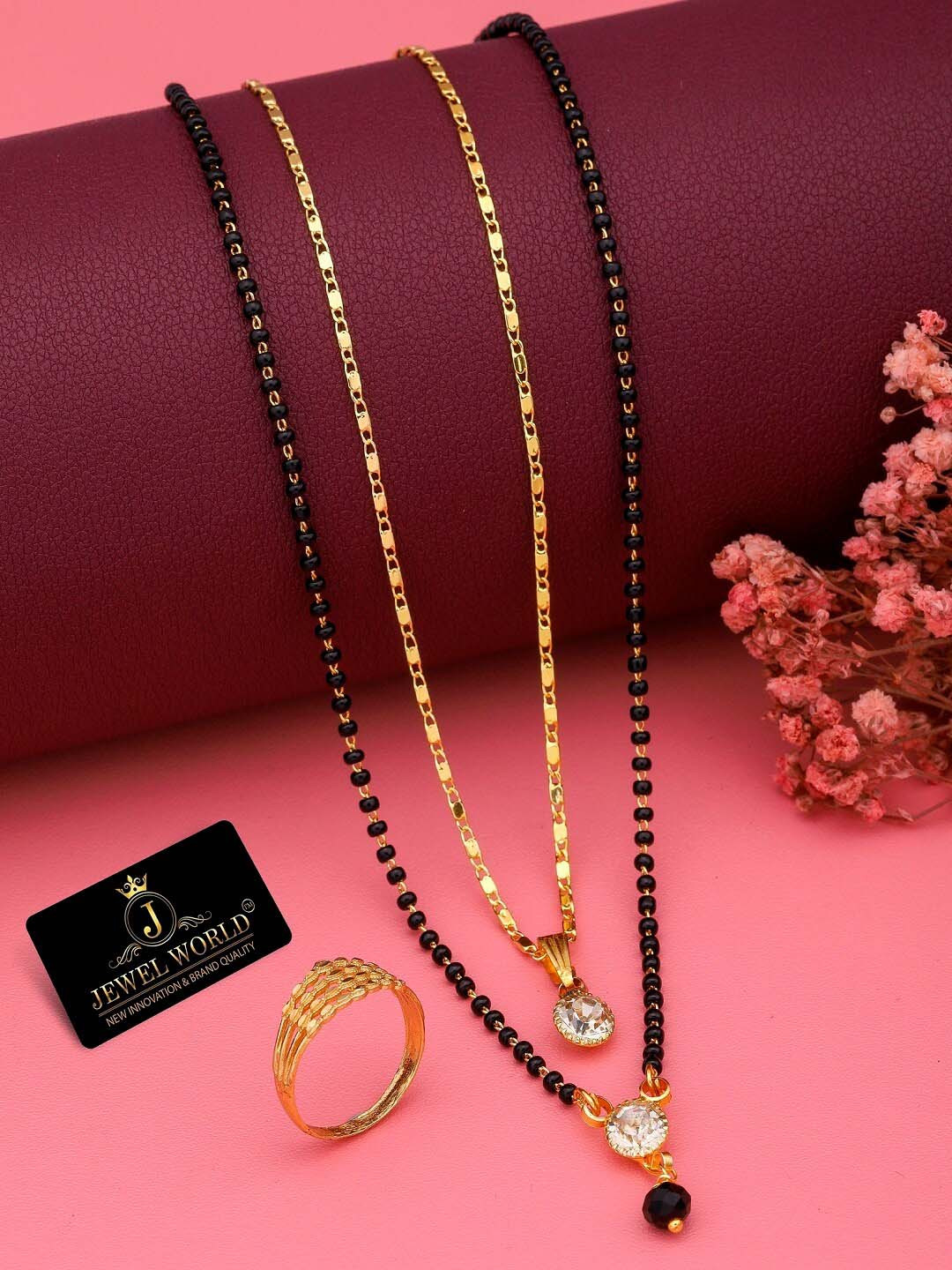 

JEWEL WORLD Set Of 2 Gold-Plated CZ-Studded Mangalsutra With Ring