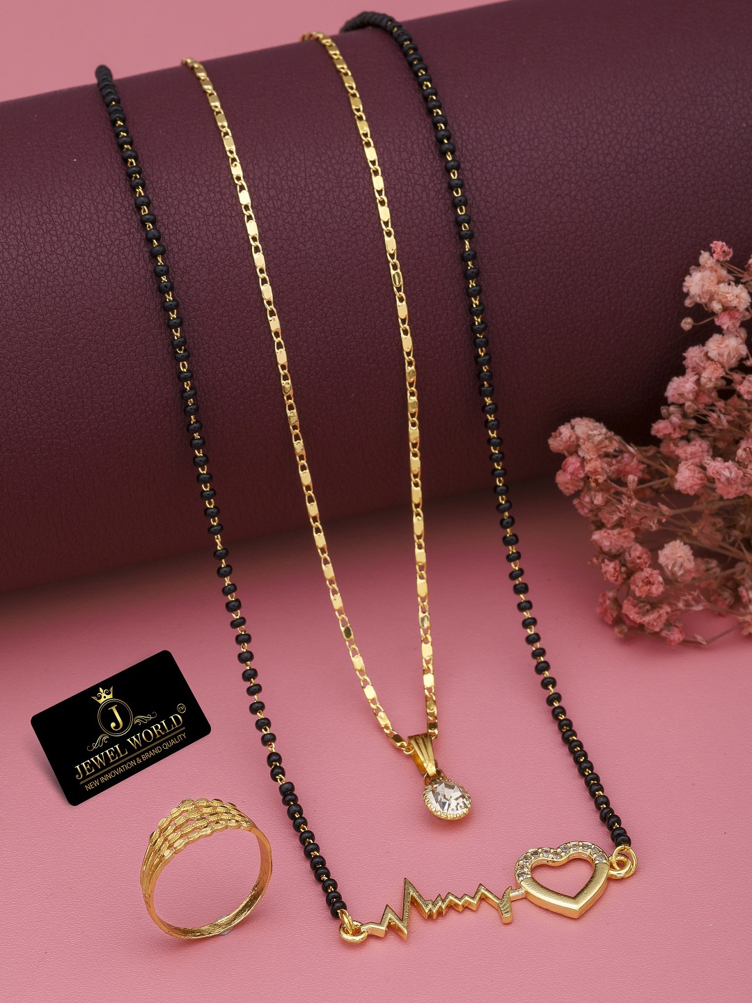 

JEWEL WORLD Set Of 2 Gold-Plated CZ-Studded Mangalsutra With Ring